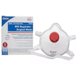 Dukal 1572 - N95 Mask, Cone, One-Way Valve, White, Non Sterile, 5/bx, 20 bx/cs