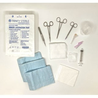 Trinity Sterile 82029 - LACERATION TRAY - Gauze, Header Bag, Towel, Cup, Needle, Needle Holder, Forceps, Syringe, Scissors, 10 Per/Cs