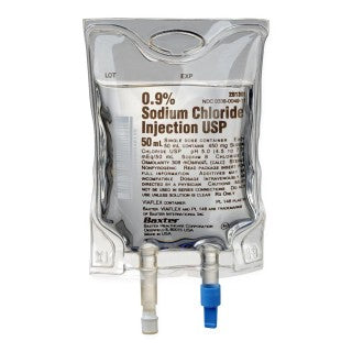 Baxter 2B1301 - Sodium Chloride: 0.9% Sodium Chloride (NaCl) Injection Solution, USP, 50-mL VIAFLEX Plastic Container, Quad Pack, 96 Per/Cs