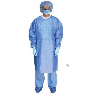 Cardinal Health 8201CG - Poly-Coated SMS Chemotherapy Gown with Neck and Waist Tie, knit Cuff, X-large, Blue, 10/pk, 100/cs